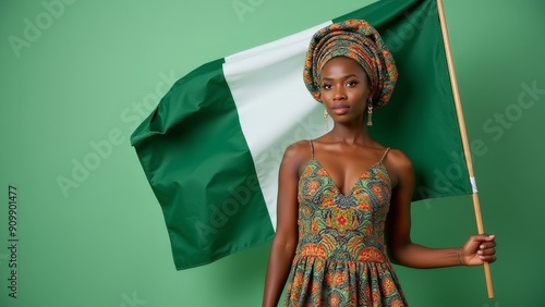 Nigerian woman in traditional attire holding Nigeria flag behind her