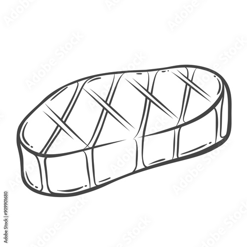 Cooked steak line icon. Hand drawn retro beefsteak with grill stripes, doodle roasted beef meat in restaurant menu. Butchery, barbecue food mascot, outline BBQ steak icon vector illustration