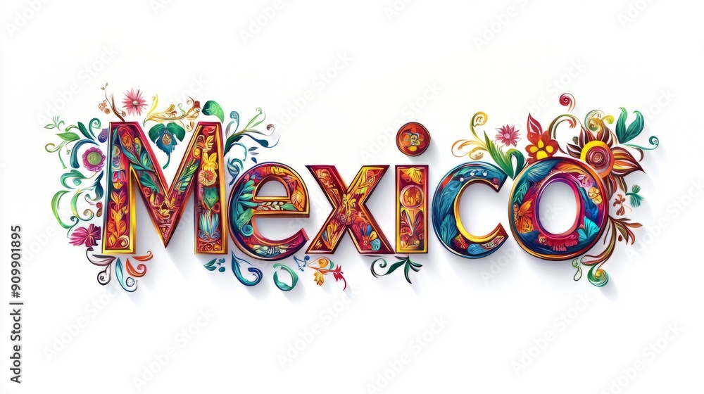 A colorful text Mexico day design on white background. Mexico, officially the United Mexican States, A country in the southern portion of North America. A colorful text Mexico day design on white background. Mexico, officially the United Mexican States, A country in the southern portion of North America.