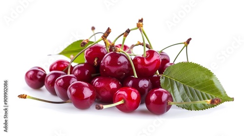 Cherry isolated Fresh ripe cherries with leaves isolated on a white backgroundSweet cherries pile Berries and fruits Vegan Healthy eating : Generative AI photo