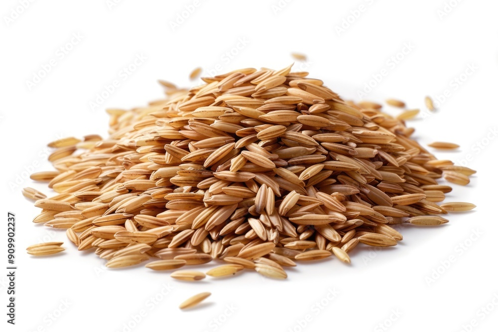 A pile of brown rice sits on a white surface, great for food, decoration or photography props A pile of brown rice sits on a white surface, great for food, decoration or photography props