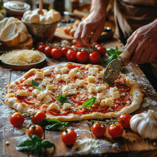 Process of making Italian pizza in the kitchen, chef in action, lots of ingredients 
