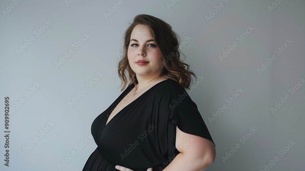 Naklejka premium model stylist woman model plus size black dress on white ion clothing store for curvy ladies business women : Generative AI