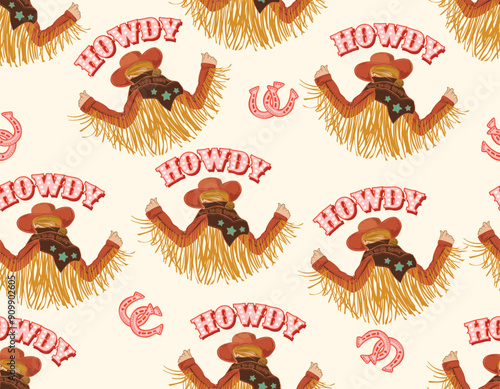 Stylish western Cowgirl rodeo  seamless  from wild west rural Landscape mountain farm vector illustration ,Design for fashion , fabric, textile, wallpaper , wrapping and all prints