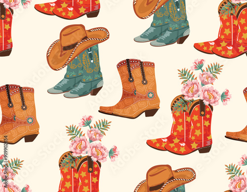 Cowboy and Cow girl seamless vector pattern. Howdy Cowboy boots, hat, horseshoe repeating background. Wild West surface pattern design f