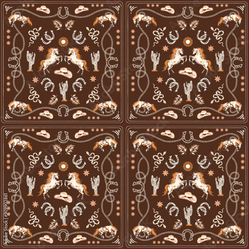 Trendy square pattern with horse , Rope, horse shoe, cowboy boots