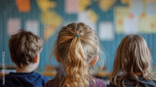 School education background - Close up of european sitting children from behind in the classroom photo