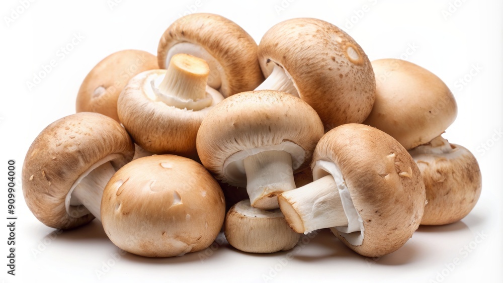 Delicate flesh-colored champignon mushrooms with subtle gills and rounded caps sit serenely on a pure white background, showcasing their elegant, earthy beauty. Delicate flesh-colored champignon mushrooms with subtle gills and rounded caps sit serenely on a pure white background, showcasing their elegant, earthy beauty.