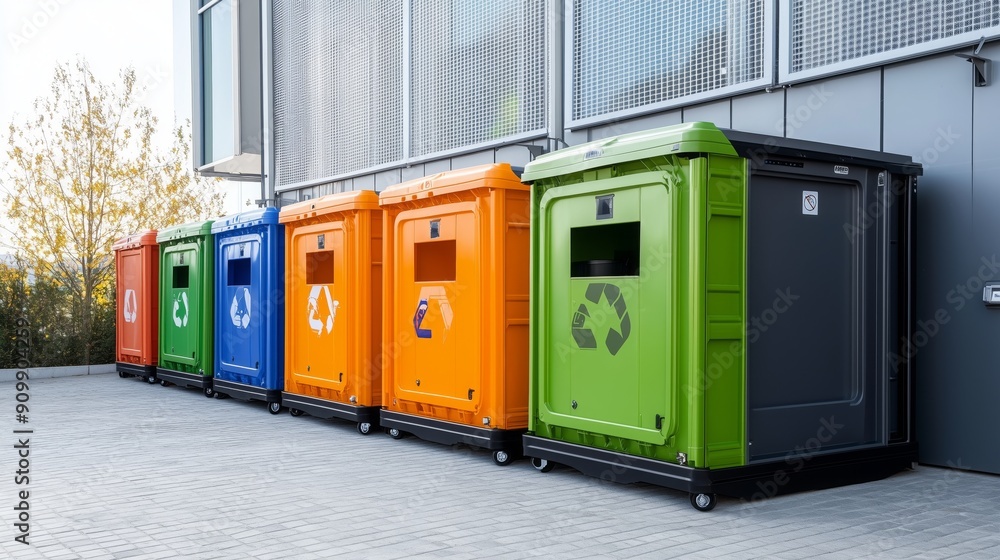 Recycling containers are arranged neatly for sorting materials effectively Recycling containers are arranged neatly for sorting materials effectively