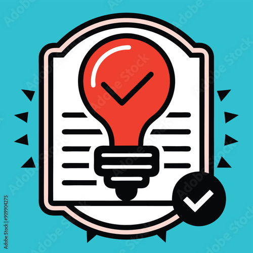 A lightbulb icon symbolizing an idea or patent approval with a checkmark badge on a red background.