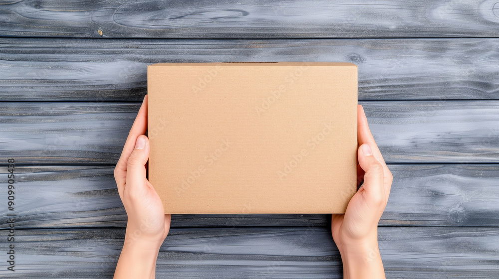 Package holding with brown box in hands on wood background. Unboxing experience delivery concept for online shopping hand gesture cardboard package Package holding with brown box in hands on wood background. Unboxing experience delivery concept for online shopping hand gesture cardboard package
