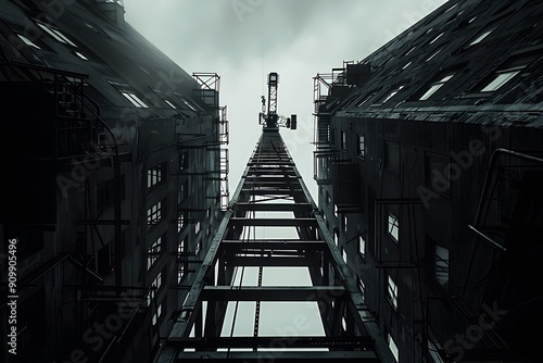 Dramatic Perspective of a Construction Crane Between Tall Buildings Under a Cloudy Sky