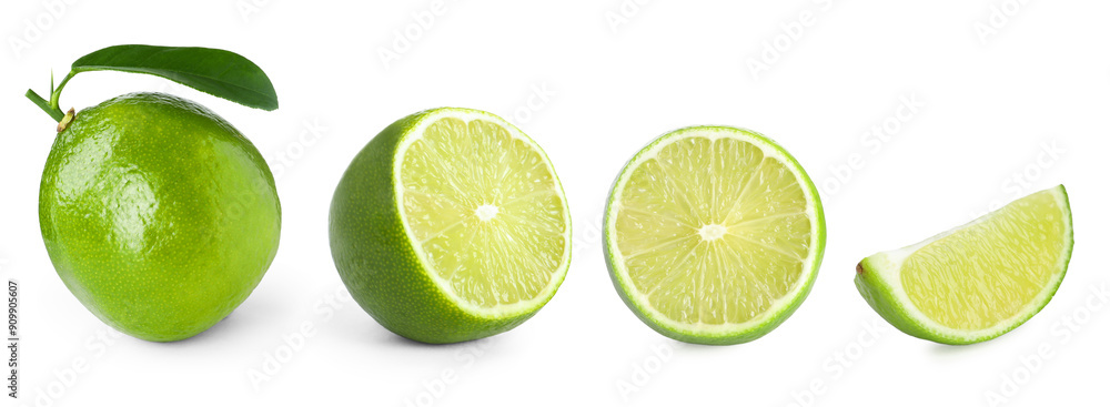 Fresh lime isolated on white, collage. Whole, half and slices Fresh lime isolated on white, collage. Whole, half and slices
