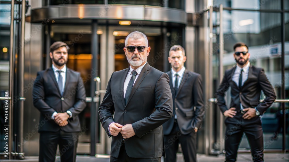 Corporate leader with security team at building entrance
Corporate leader with security team at building entrance