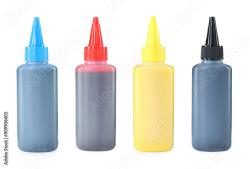 Printer ink of different colors in bottles isolated on white, set