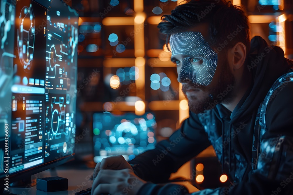 Futuristic Cybersecurity Expert Analyzing Data in a High-Tech Environment Futuristic Cybersecurity Expert Analyzing Data in a High-Tech Environment