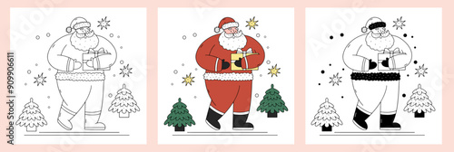 Cute bearded Santa Claus with a gift box and a vector hand-drawn illustration.  Santa Claus is a gift. Festive Christmas character in a red Vector illustration hand-drawn costume in sketch style photo