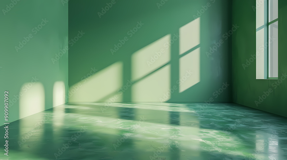 A minimalistic room with green walls and a window casting a bright, rectangular shape of light on the floor. The room is empty and features a smooth, glossy floor that reflects the light. A minimalistic room with green walls and a window casting a bright, rectangular shape of light on the floor. The room is empty and features a smooth, glossy floor that reflects the light.