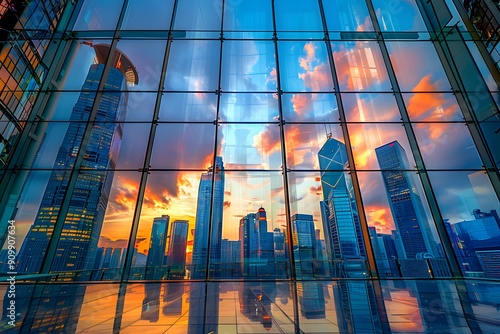 Stunning Cityscape Reflected in Glass with Vibrant Sunset Colors