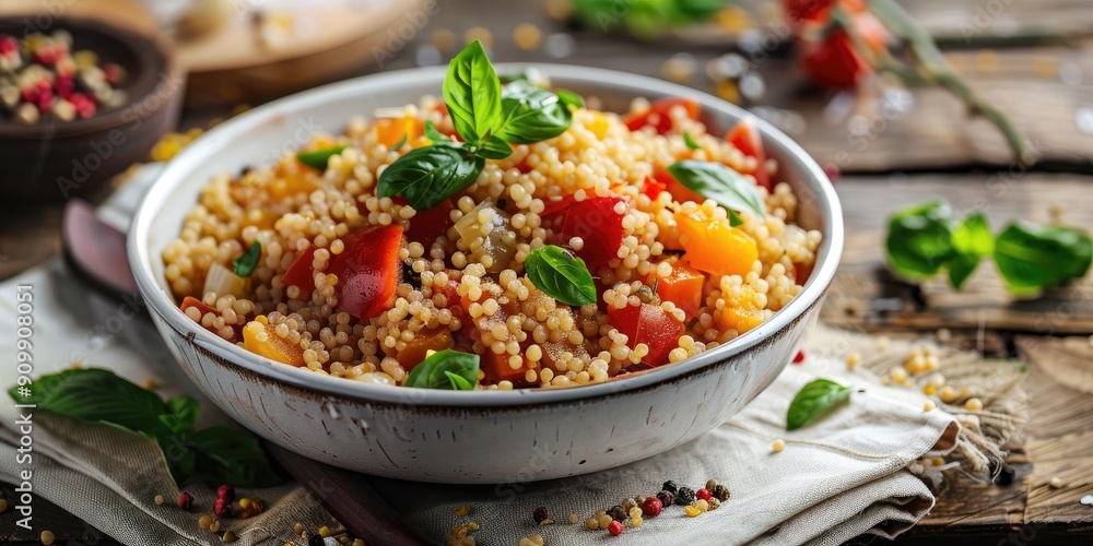 Traditional Couscous with Fish in a White Bowl Traditional Couscous with Fish in a White Bowl