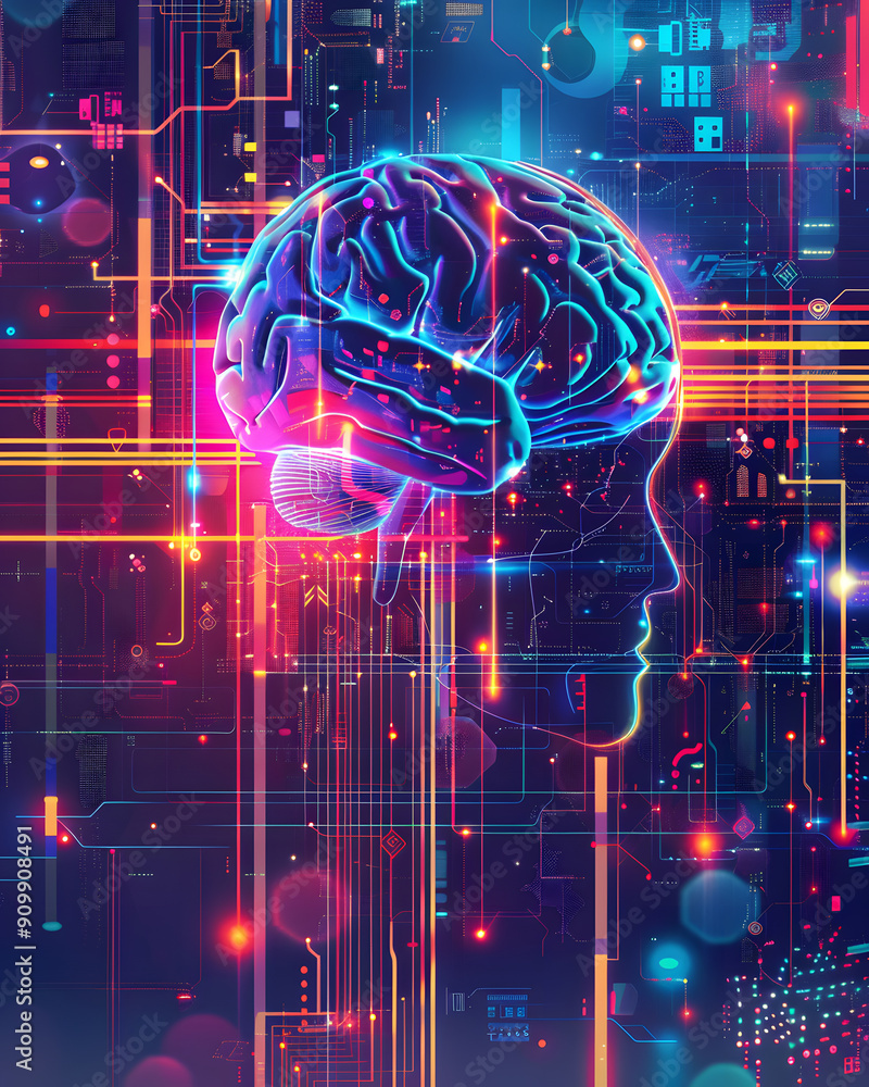 Vibrant Abstract Human Brain Illustration Representing Technology and Neural Connections in a Futuristic Setting Vibrant Abstract Human Brain Illustration Representing Technology and Neural Connections in a Futuristic Setting