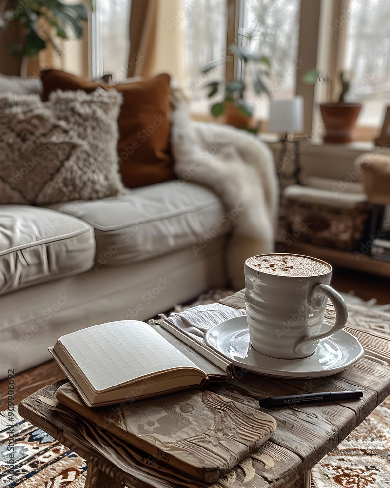 Living room, with a notebook and a pen beside the laptop, flatlay shot. Living room, with a notebook and a pen beside the laptop, flatlay shot.