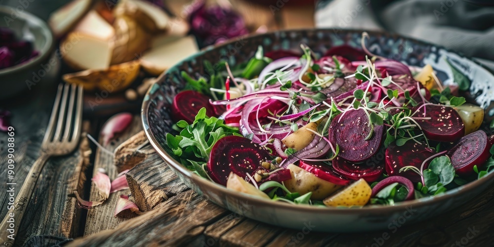 Fresh salad with onions pea sprouts beets and potatoes served on a rustic wooden table Fresh salad with onions pea sprouts beets and potatoes served on a rustic wooden table