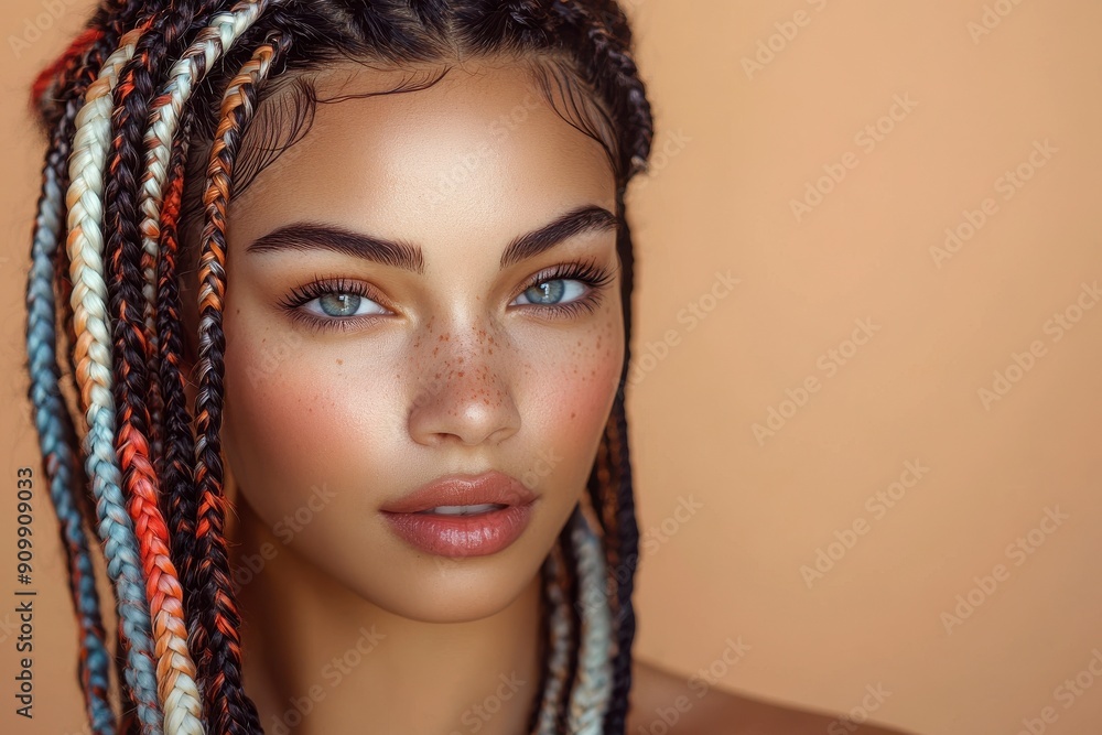 Beautiful Latina woman with braided hair featuring white, red, and blue colors, on a light peach background Beautiful Latina woman with braided hair featuring white, red, and blue colors, on a light peach background