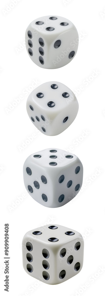 High-resolution image of four white dice with black dots in a vertical arrangement, isolated on a transparent background. High-resolution image of four white dice with black dots in a vertical arrangement, isolated on a transparent background.