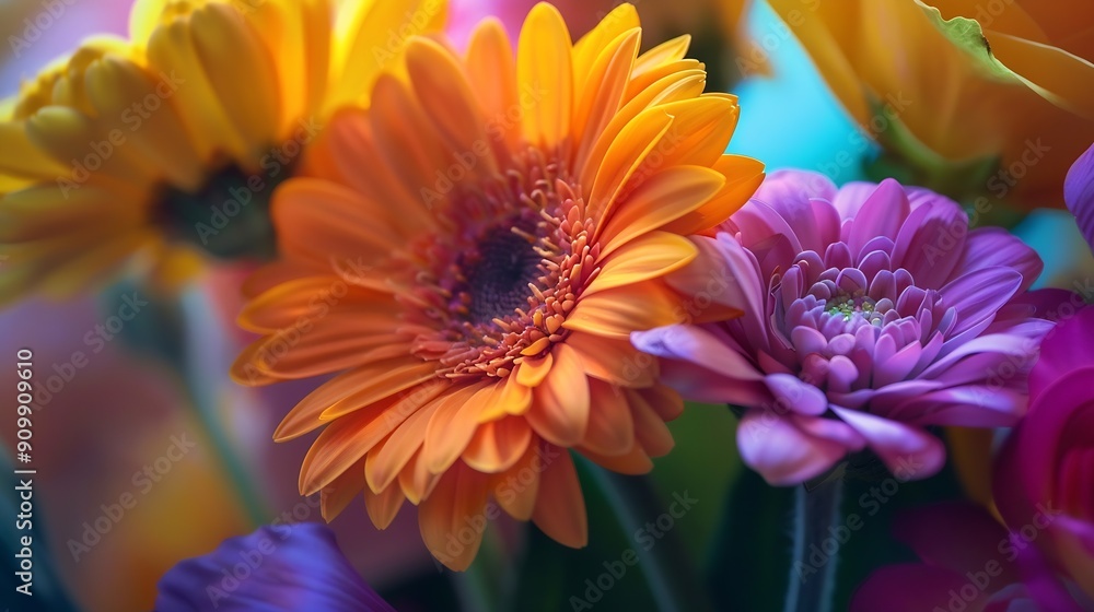 Fototapeta premium colorful summer cut flower bouquet close up orange purple yellow and pink : Generative AI