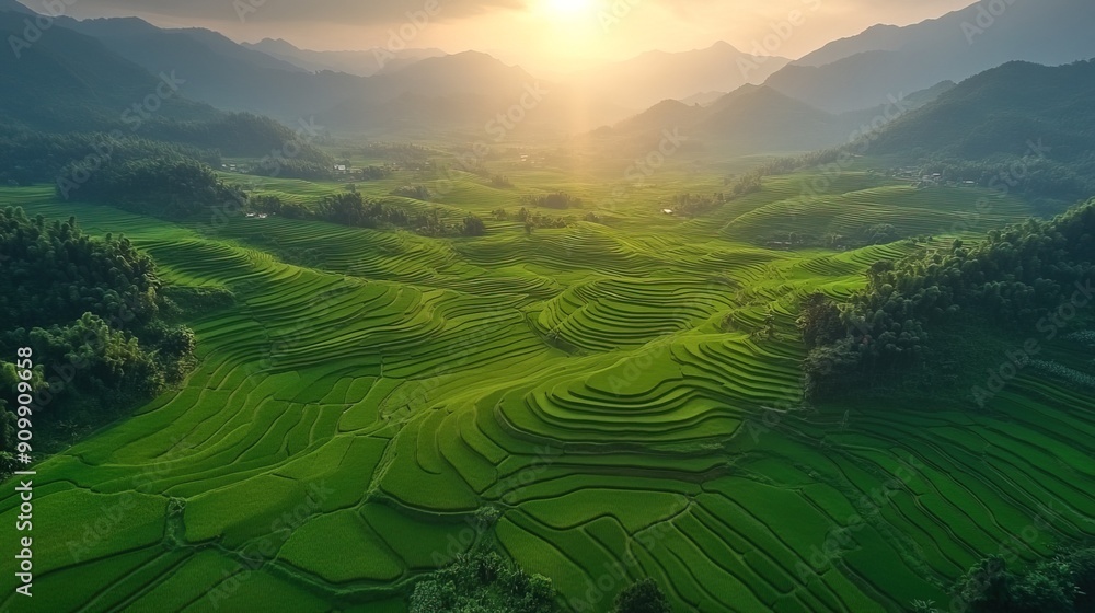 Sunrise over rolling green rice paddies in mountainous landscape drone view, generative ai Sunrise over rolling green rice paddies in mountainous landscape drone view, generative ai