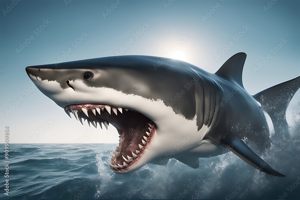 Naklejka premium mouth marine rendering predator 3d white shark big open teeth dangerous fish nature ocean reef tropical marin render animal seafood cut-out background graphic attack wild danger life object aquatic