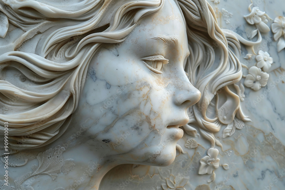 Marble bust of a woman with flowers around her neoclassicism sculpture generative ai Marble bust of a woman with flowers around her neoclassicism sculpture generative ai
