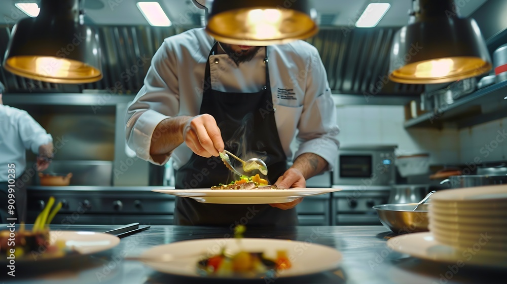 Male chef plating food in plate while working in commercial kitchen : Generative AI Male chef plating food in plate while working in commercial kitchen : Generative AI