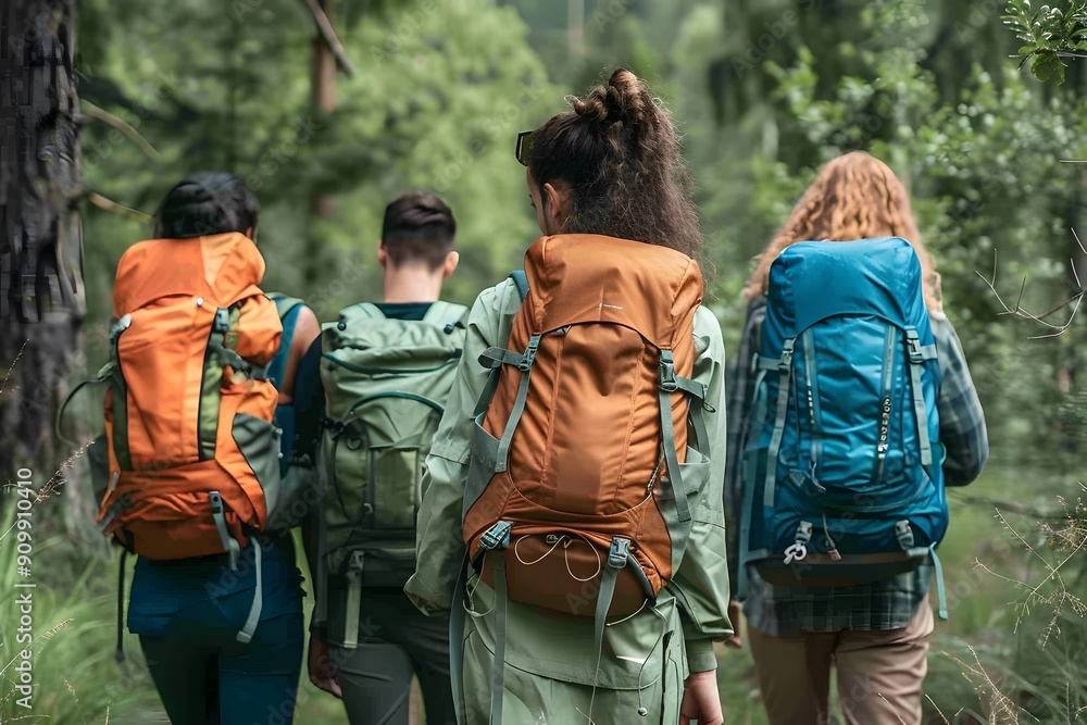 Adventurous Hikers Trekking Through Lush Forest Trails Adventurous Hikers Trekking Through Lush Forest Trails