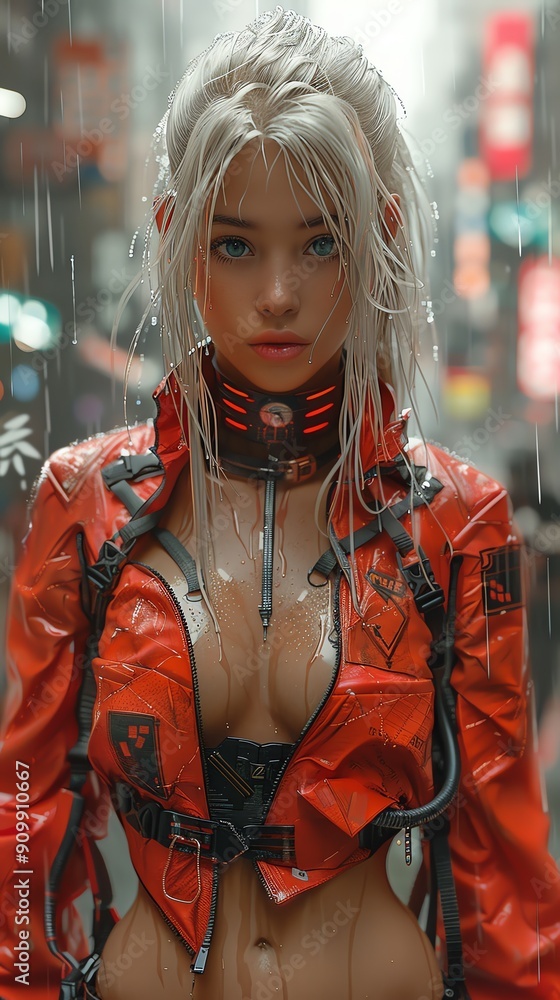 Cyberpunk woman in futuristic red jacket standing in a rainy city street with neon lights, conveying a sci-fi atmosphere. Cyberpunk woman in futuristic red jacket standing in a rainy city street with neon lights, conveying a sci-fi atmosphere.