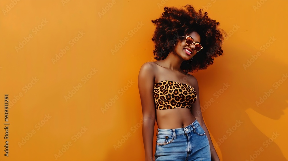 A fashionable woman wearing a leopard print top and denim shorts exuding confidence and style on an orange background : Generative AI A fashionable woman wearing a leopard print top and denim shorts exuding confidence and style on an orange background : Generative AI