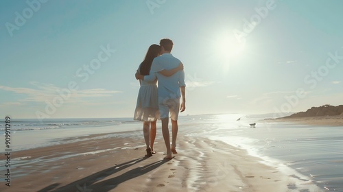 Handsome couple in love hugging while walking along the beach on sunny day High quality photo : Generative AI photo