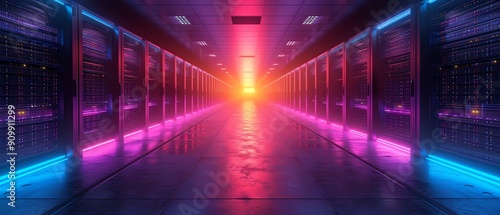 Neonlit server room with a swirling light  futuristic and sleek