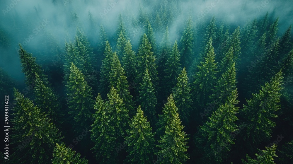 Dense evergreen forest with fog rolling over the trees, generative ai Dense evergreen forest with fog rolling over the trees, generative ai