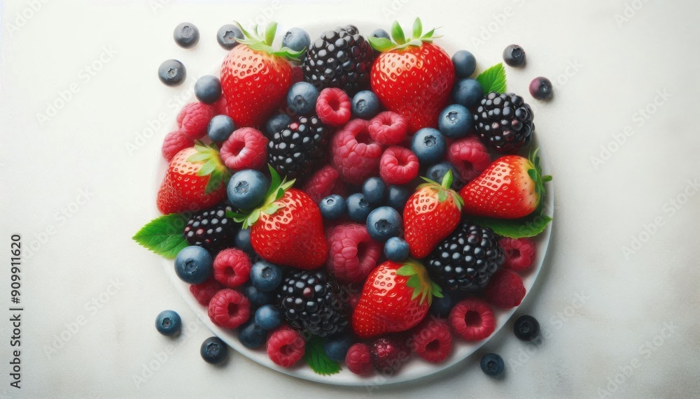 a plate of strawberries , blueberries and red blue raspberry a plate of strawberries , blueberries and red blue raspberry