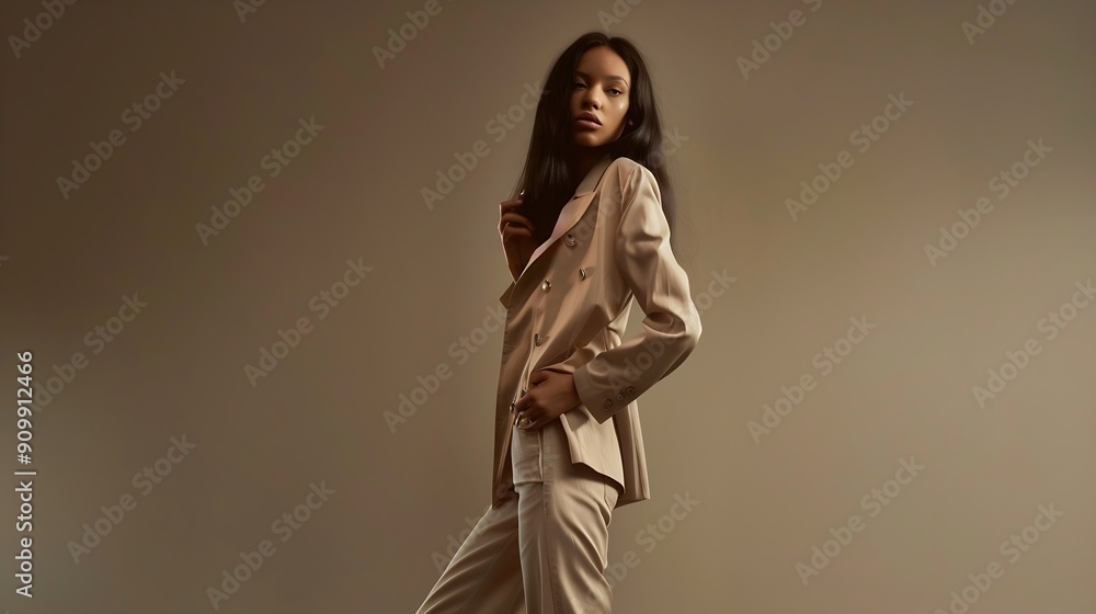 attractive fashion model woman in total beige casual clothing standing with hand on waist on grey : Generative AI attractive fashion model woman in total beige casual clothing standing with hand on waist on grey : Generative AI