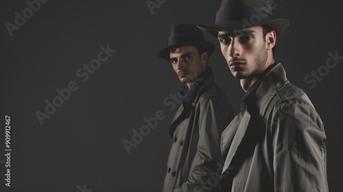 A stylish young man in a trench coat and hat standing next to another man in a similar outfit in a studio setting : Generative AI