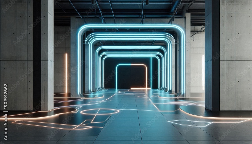 a hall corridor full off blue neon lights a hall corridor full off blue neon lights