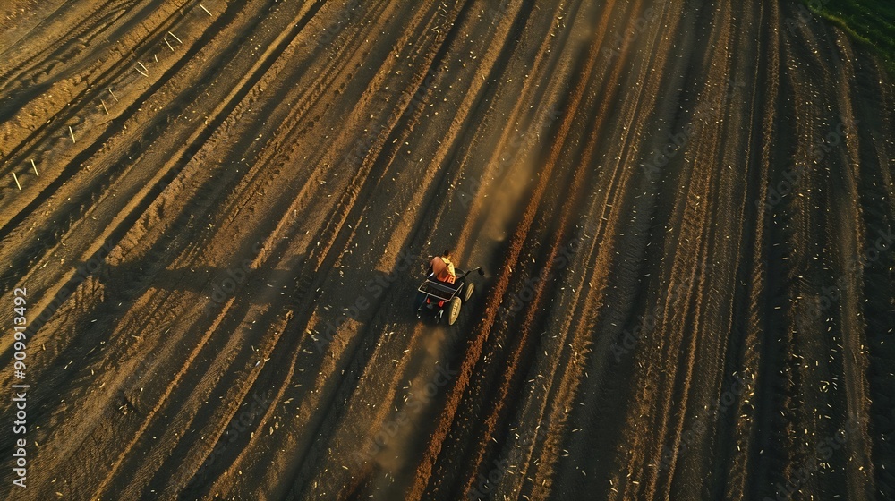 Obraz premium Aerial shot of a farmer seeding sowing crops at field Sowing is the process of planting seeds in the ground as part of the early spring time agricultural activities : Generative AI