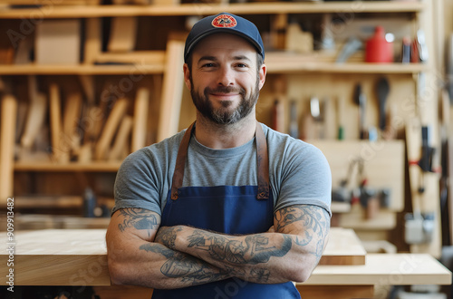 Happy Male Woodlandscape Artist Standing in His Studio photo