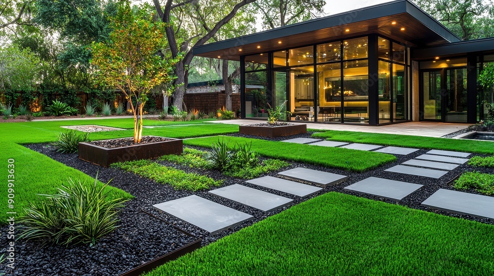 A modern garden featuring manicured grass, stone pathways, and elegant landscaping surrounding a contemporary house. A modern garden featuring manicured grass, stone pathways, and elegant landscaping surrounding a contemporary house.