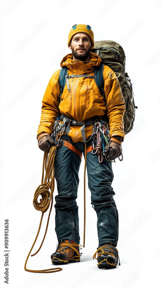 Mountain Climber in Full Gear - A mountain climber dressed in full gear including a yellow jacket and harness holding climbing rope Mountain Climber in Full Gear - A mountain climber dressed in full gear including a yellow jacket and harness holding climbing rope