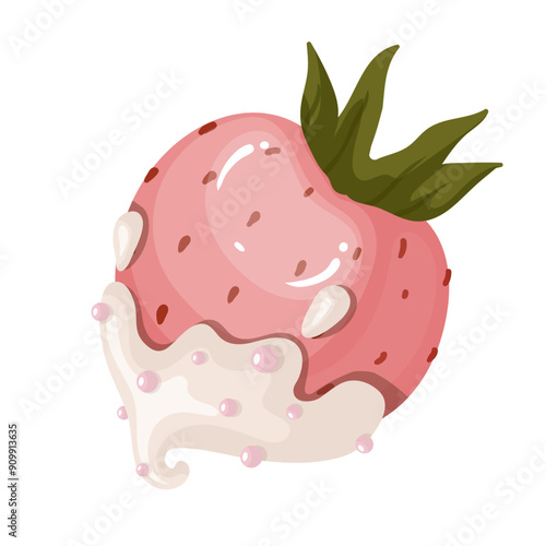 Colorful fruit dessert strawberry in chocolate. Vector graphics.