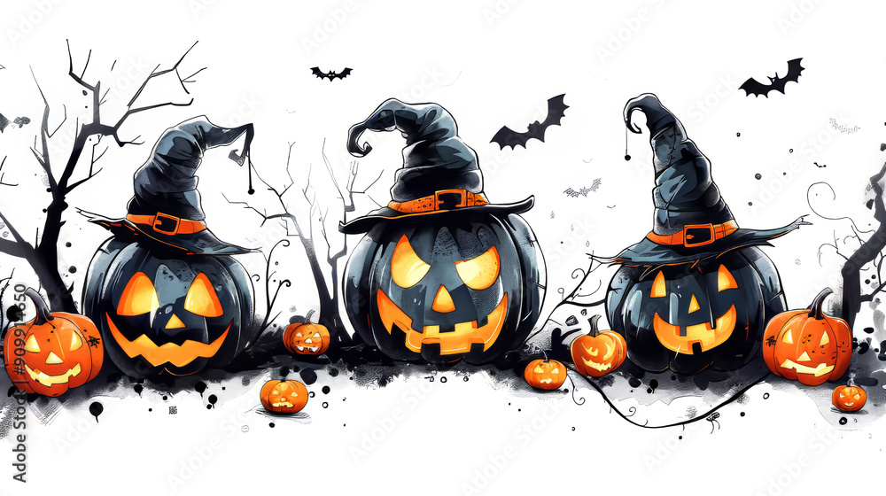 Halloween background with pumpkins and witch hats. Halloween background with pumpkins and witch hats.